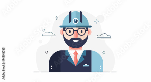 Flat illustration of a man in a hard hat and suit