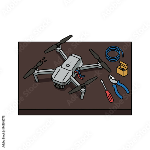 Broken quadcopter drone with tools screwdriver pliers and wires on repair table concept of technology maintenance electronics fixing and device troubleshooting