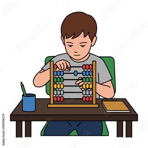 Focused schoolboy using colorful abacus on desk for counting and learning mathematics concept of early education arithmetic training and logical thinking