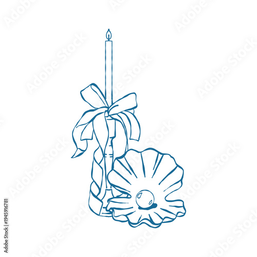An illustration of a vintage candle with a bow and an open shell with a pearl inside. Retro composition for weddings and celebrations in a coastal style. Vector outline clip art in blue