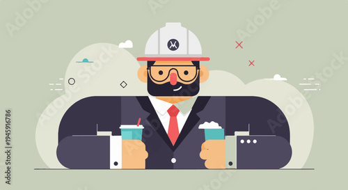 Flat illustration of a man in a hard hat holding two drinks