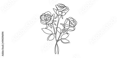 A minimalist single continuous line drawing capturing the elegance of three roses and their stems Vector, illustration