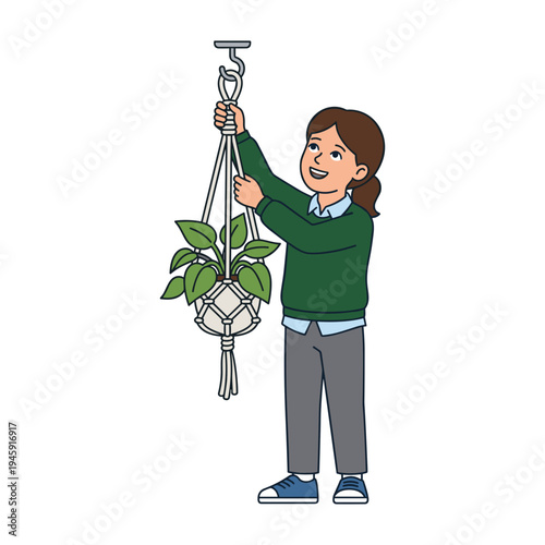 Young woman hanging houseplant in macrame holder from ceiling hook caring for indoor greenery concept of home decoration urban gardening and cozy interior