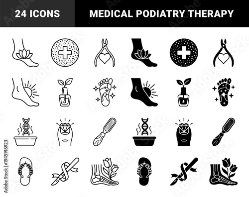Medical Podiatry and Foot Care Hybrid Icons Featuring Orthopedic Bone Structures Combined with Floral Elements and Surgical Tools in Dual Style