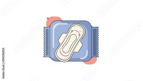 Individual sanitary napkin packaging with a blue cover and a pad illustration represents feminine hygiene and menstrual care.
