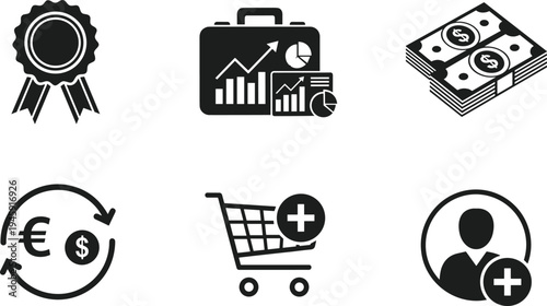 Business finance icons, money and currency exchange, e-commerce shopping cart symbol, analytics briefcase design, certification ribbon badge, customer acquisition illustration