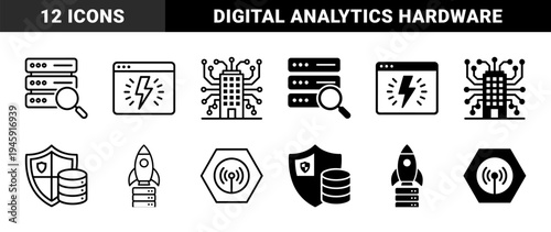 Data Infrastructure and Digital Analytics Hybrid Icons Featuring Server Search Shield Storage Rocket Performance and Circuit Building Motifs