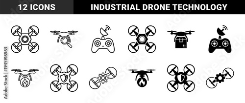 Hybrid unmanned aerial vehicle icons merging drone technology with industrial symbols including shield gear fire flame magnifier and shipping box