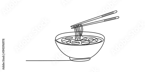 Continuous line drawing of a bowl of noodles with chopsticks picking up strands Vector, illustration