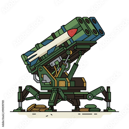 Mobile military missile launcher system prepared for firing with rockets mounted on mechanized platform concept of defense technology weapon system and army equipment