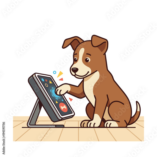 Curious puppy touching tablet screen with paw interacting with digital device concept of pets and technology playful animal behavior and smart gadgets