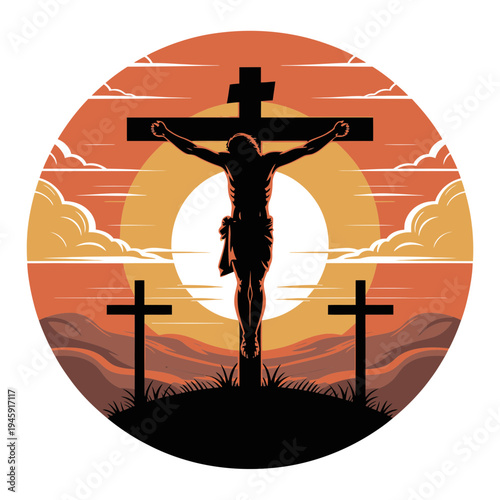 A silhouette of Jesus Christ on the cross at sunset