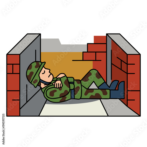 Exhausted soldier sleeping inside battlefield trench between protective walls concept of military life fatigue during war and frontline rest
