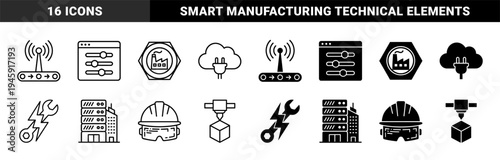 Industrial Smart Manufacturing Icons Featuring Hybrid Symbols for Digital Factory Automation Cloud Power and Predictive Maintenance Systems