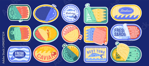 Canned food. Sardine label. Seafood products in oil. Kitchen sea. Fish container. Ocean metal packaging. Preserve meal tuna and caviar. Vector logo aluminum garish storage cartoon flat isolated set
