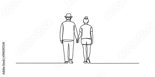 Continuous line drawing of an elderly couple holding hands and walking away together Vector, illustration