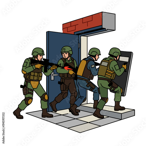 Armed tactical team breaching building entrance with shield and rifles during security operation concept of police special forces counterterrorism and urban combat