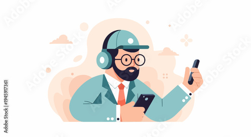 Flat illustration of a man wearing headphones and holding two phones
