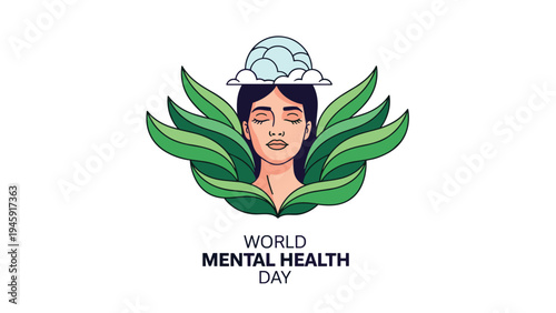 Woman with closed eyes and a cloud above her head is framed by green leaves for World Mental Health Day awareness campaign.