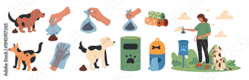 Bag for dog poop. Hand for cleaning. Animal on street. Clean environment park. Pet puppy. Plastic for pick up after walk. Trash on grass. Sanitary hygiene vector garish cartoon flat style isolated set