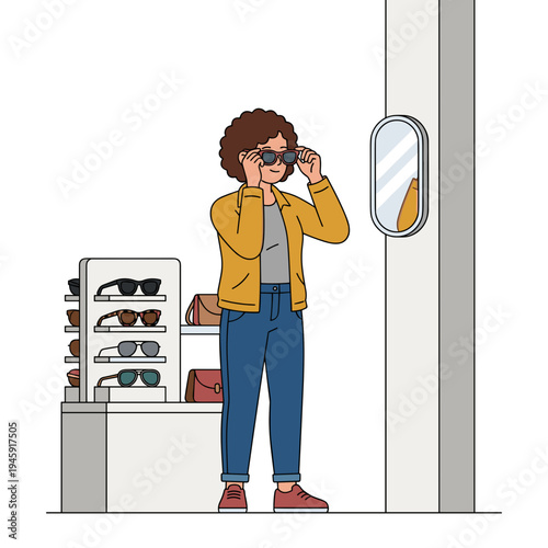 Customer trying sunglasses in accessories shop looking into mirror choosing fashion eyewear concept of shopping style and personal accessories