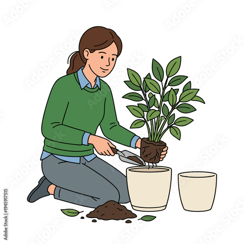 Woman repotting houseplant into ceramic pot using garden trowel and fresh soil concept of indoor gardening plant care and home hobby