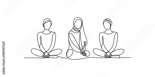 Continuous line art illustration showing three diverse people sitting together in a row Vector, illustration