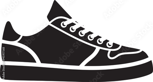 Side view of a black and white sneaker shoe isolated on transparent background