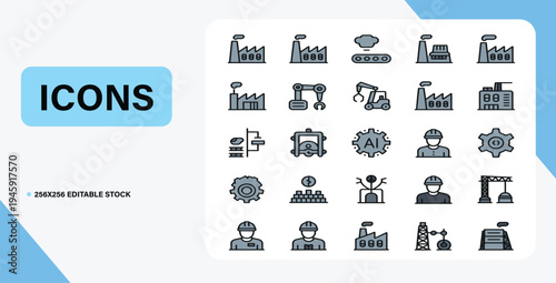 Industrial Icon Set: A comprehensive collection of industrial icons, designed with a focus on usability and versatility, ideal for diverse projects.