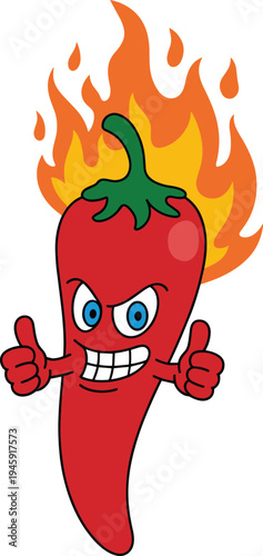 Funny cartoon chili pepper mascot with flames and angry face showing thumbs up, spicy hot food concept illustration for heat, cooking, spice branding design