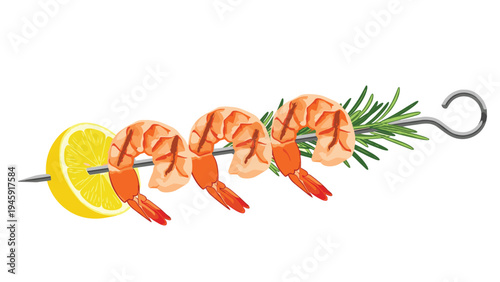 Grilled shrimp skewer with three large prawns, a lemon slice, and a sprig of rosemary is presented on a metal kebab stick.