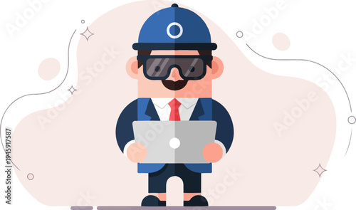 Flat illustration of a man with glasses and a cap holding a laptop