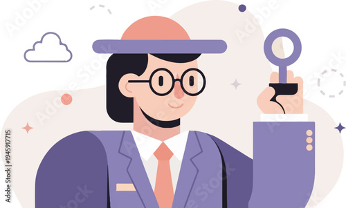Flat illustration of a person with glasses and a hat holding a magnifying glass
