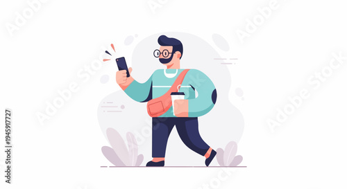 Flat illustration of a man with glasses walking with phone and drink