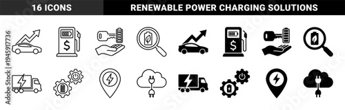 Green Energy and Electric Vehicle Logistics Icon Set Featuring Hybrid Symbols for Sustainable Transport Charging Infrastructure and Cloud Power