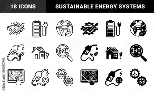 Sustainable transport and green energy hybrid icons featuring electric vehicle charging combined with renewable wind power and solar home systems