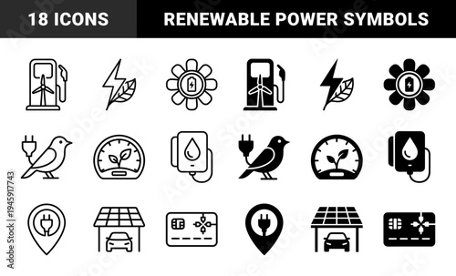Sustainable energy and eco friendly transportation icons featuring hybrid wind turbine fuel pumps solar carports and electric bird power symbols