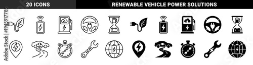 Electric vehicle charging and sustainable energy icon set featuring hybrid symbols of power plugs merged with leaves steering wheels and globes