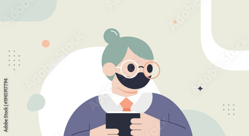 Flat illustration of a person with glasses and a mask holding a tablet