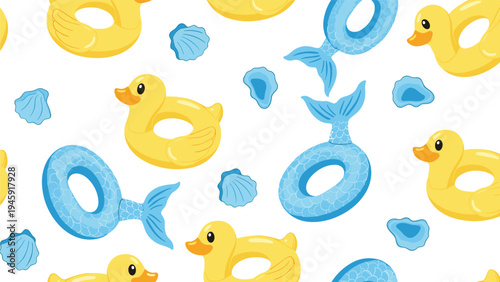 Fun summer pattern with yellow rubber duck and blue mermaid tail inflatable pool floats along with shells on a white background.
