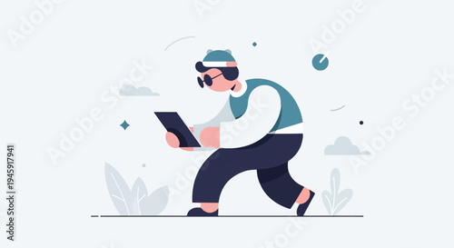 Flat illustration of a person in a hat and glasses, engrossed in a tablet