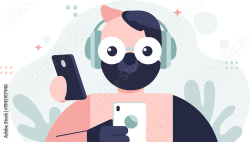 Flat illustration of a person with headphones and two smartphones