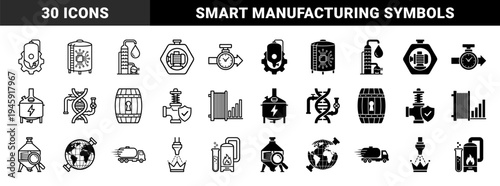 Hybrid industrial manufacturing icons merging brewery equipment with digital automation symbols and smart distribution logistics for modern production