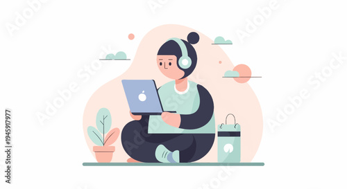 Flat illustration of a person with headphones using a laptop