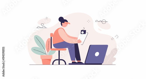 Flat illustration of a person working on a laptop with coffee