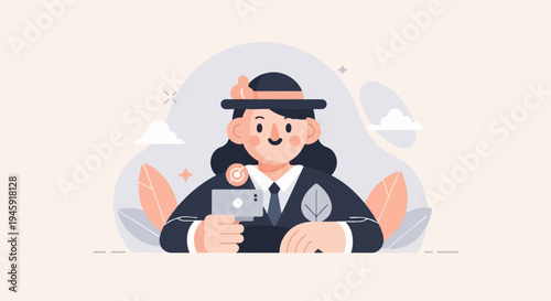 Flat illustration of a person in a hat taking a picture with a camera