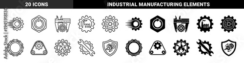 Industrial Mechanical Engineering Icons Featuring Gear Hybrids Combined With Factory Structures Circuit Boards Tools Calipers And Thermal Energy Symbols