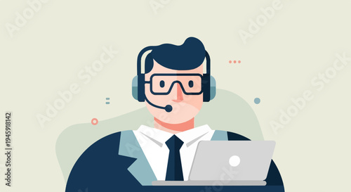 Flat illustration of a person in a headset working on a laptop