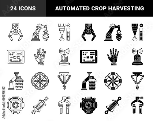 Hybrid automated agriculture and smart farming icons featuring robotic harvesters picking strawberries and mechanical arms processing corn crops