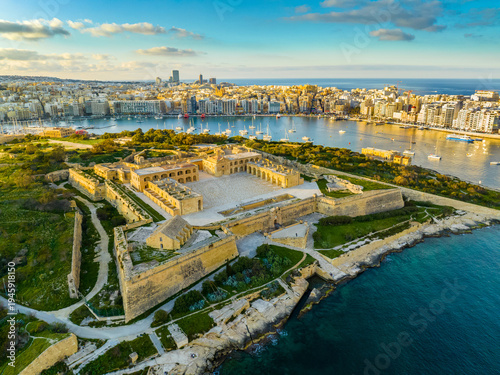 Drone sunset view of Fort Manoel on Manoel island, Gzira city. Malta